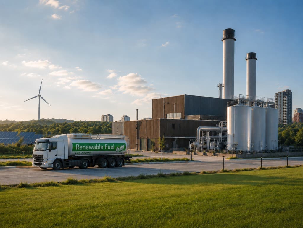 Tankwagen mit Renewable-Fuel-Branding vor moderner Energieanlage mit Windrad, Solarpanels und Speichertanks