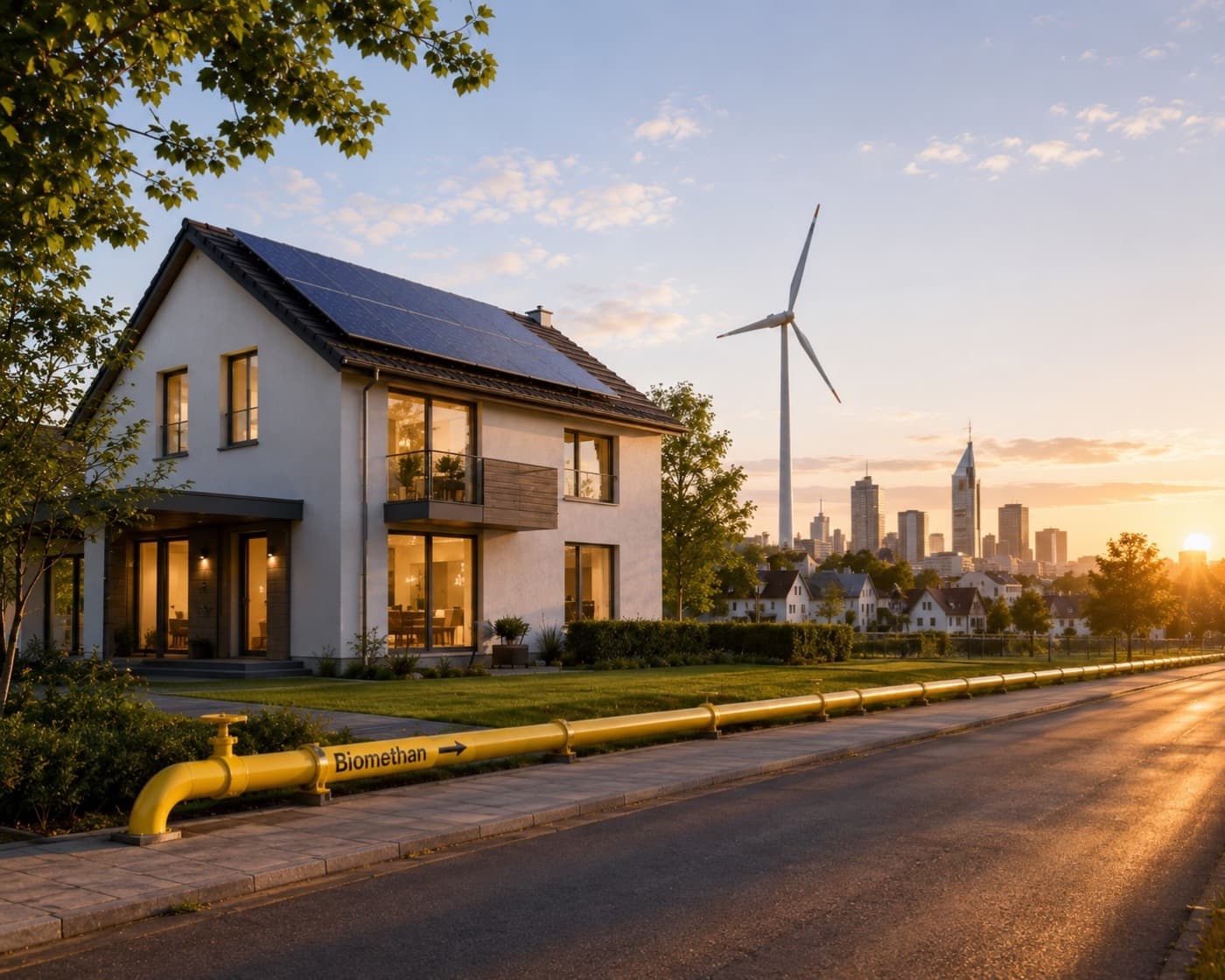 Illuminated residential building with biomethane pipeline and wind turbine as a symbol of the new rules under the Building Modernisation Act