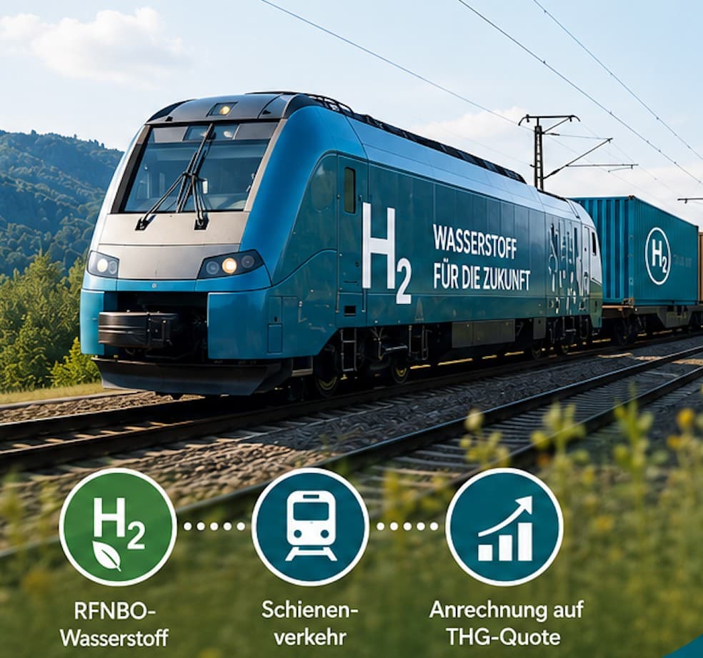 Infografik: Wasserstoffzug im Schienenverkehr mit Symbolen für RFNBO-Wasserstoff, Schienenverkehr und Anrechnung auf die THG-Quote