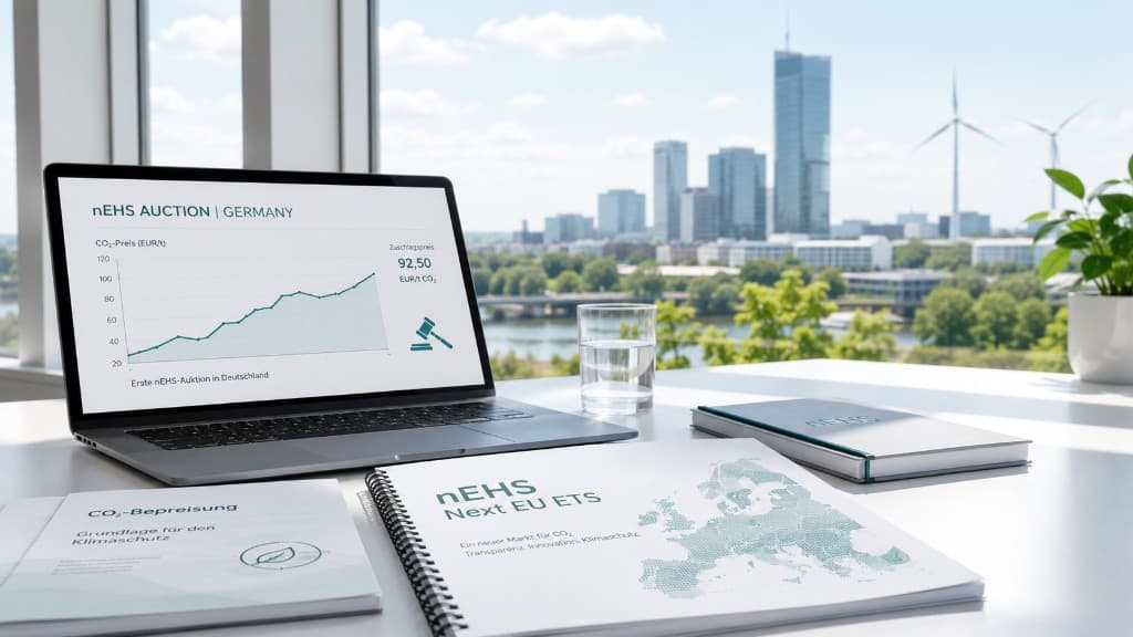 Laptop mit Diagramm zur ersten nEHS-Auktion in Deutschland auf einem Schreibtisch, im Hintergrund eine Stadtsilhouette mit Windrädern