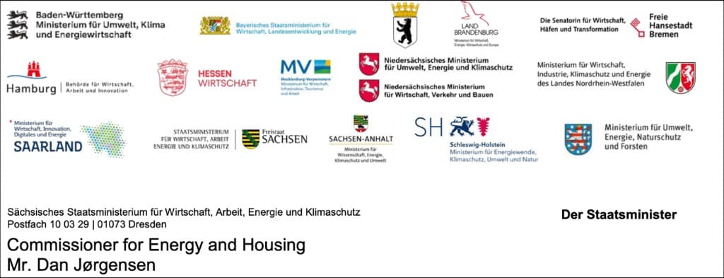 Gemeinsames Schreiben von 16 deutschen Bundesländern an EU-Energiekommissar Dan Jørgensen mit den Wappen der Landesministerien
