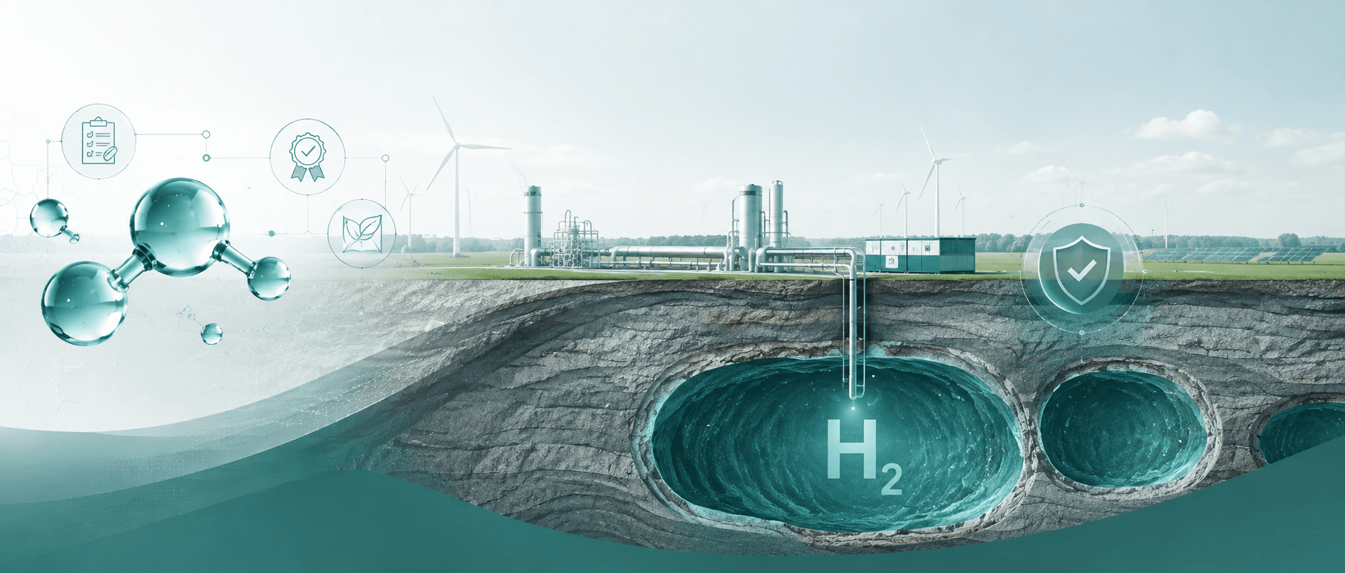 Banner zum FuelCert-Webinar RFNBO-Zertifizierung von Wasserstoff-Speichern mit Wasserstoffmolekül, Zertifizierungssymbolen und unterirdischem H₂-Kavernenspeicher